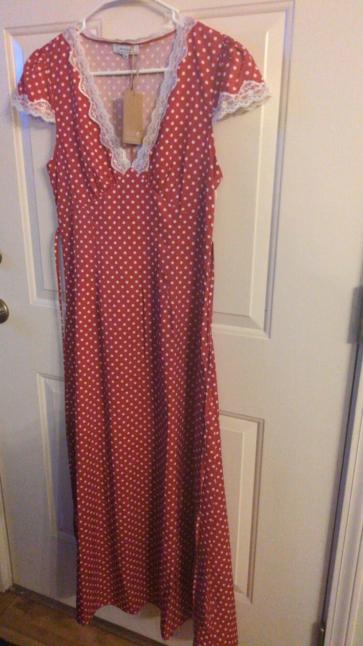 Women's Red & White Polka Dot Maxi Dress, Lace Trim, Med by Rihoas, Pinup, zip